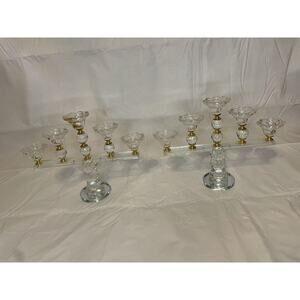 Middle Eastern Candle Stick Set of 2 Crystal Glass and Gold 11.5” X 9.5” Each